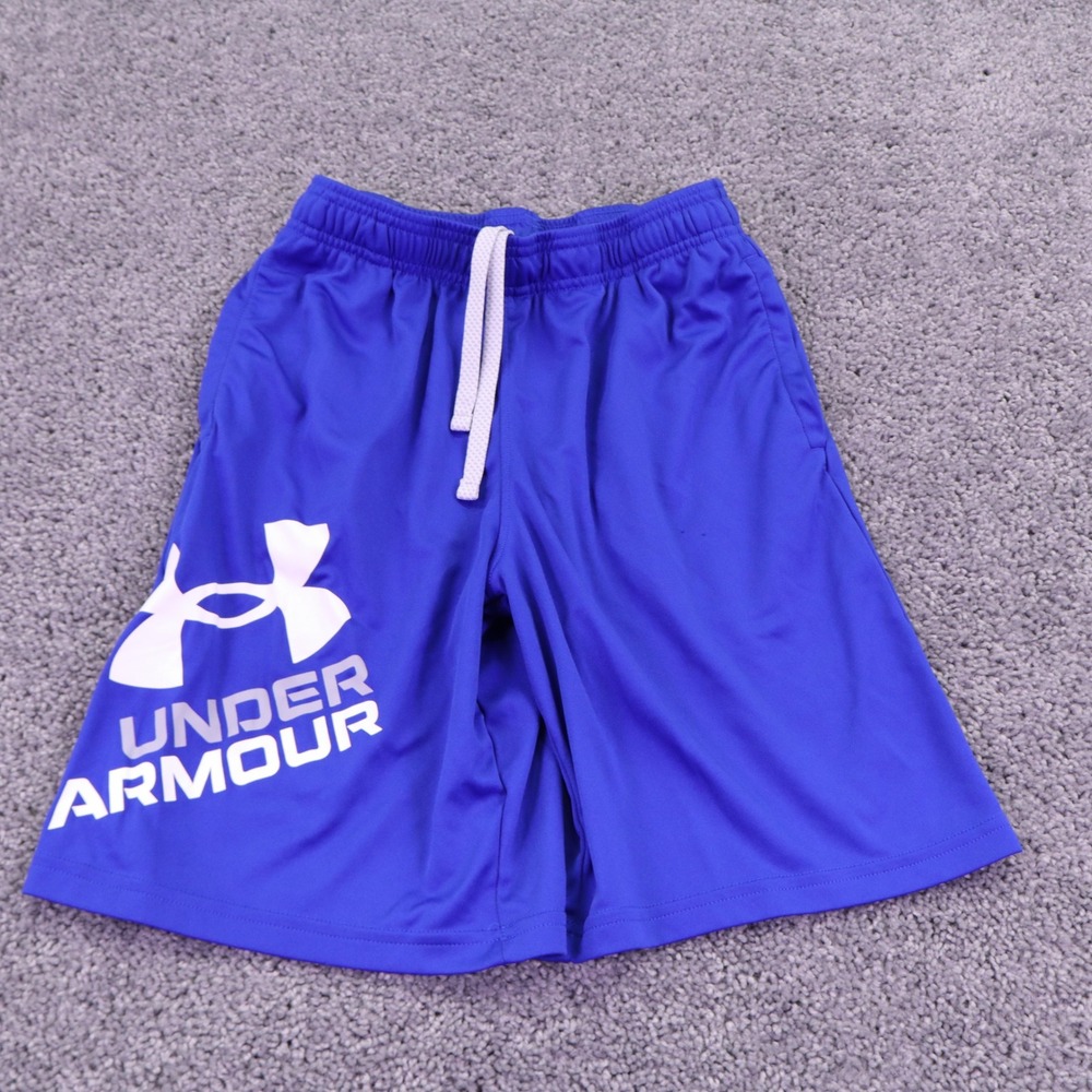 Under Armour Shorts Boys Large Blue Graphic Logo Loose Fit Athletic Drawstring